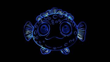 Neon frame effect, Pufferfish cute pufferfish with big eyes on black background video