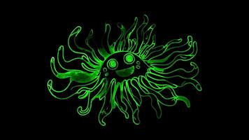Neon frame effect, Anemone colorful sea anemone with waving tentacles and a smiling face on black background video