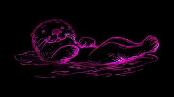 Neon frame effect, Sea Otter sea otter floating on its back with a big smile on black background video