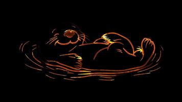 Neon frame effect, Sea Otter sea otter floating on its back with a big smile on black background video