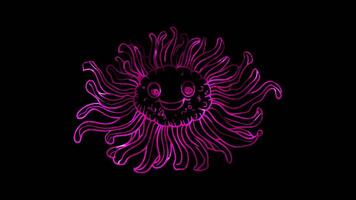 Neon frame effect, Anemone colorful sea anemone with waving tentacles and a smiling face on black background video