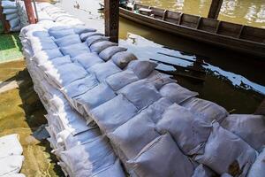 Flood Prevention Sandbags Forming a Defensive Wall Along the River to Shield Against Overflow photo