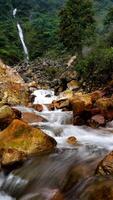 A towering waterfall with water flowing rapidly into the rocky river below. Large golden and brown rocks adorn the river stream, while a large tree on the right enhances the scenery. photo