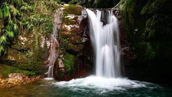Gleweran is the name of this small waterfall, flowing from a cliff covered in green moss, with large rocks and tropical trees around it. Located in Mount Halimun Salak National Park, Bogor, Indonesia. photo