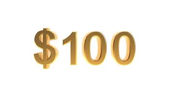 Golden one hundred dollars sign, gold 100 dollar symbol isolated on transparent background, 3d rendering. photo