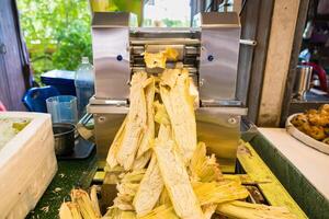 Commercial Sugarcane Press Machine in Action Crushing Cane Stalks for Sweet Juice photo
