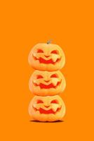 Halloween orange background with Jack o lanterns and copy space, smiling spooky pumpkins, 3d rendering illustration. photo