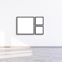 3 square frame mock up hanging on a white wall with sunlight, 3d render illustration. photo