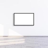 Horizontal frame mock up hanging on a white wall with sunlight, 3d render illustration. photo