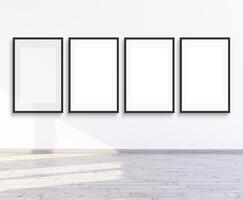 4 frames mock up for gallery wall on an empty white wall, 3d render illustration. photo
