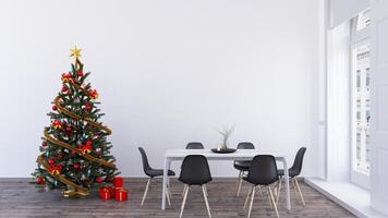 Christmas tree in a Scandinavian dining room with copy space, 3d render photo