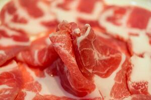Close-up of raw marbled beef with sauce, perfect for culinary enthusiasts. photo