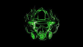 Neon frame effect, Firefighter Hero mask with flames on black background video