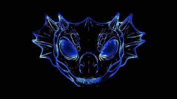 Neon frame effect, Dinosaur Defender mask shaped like a dinosaur's face, complete with spikes on black background video