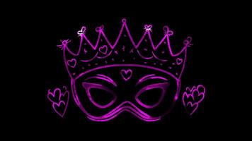 Neon frame effect, Princess Superhero combination of a crown and superhero mask, featuring sparkles and hearts on black background video