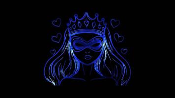 Neon frame effect, Princess Superhero combination of a crown and superhero mask, featuring sparkles and hearts on black background video