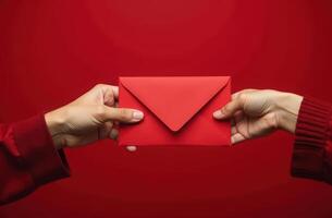 Handing over a vibrant red envelope against a bold red background. Chinese New Year photo