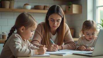Busy mother juggling work and family life with young children at home photo