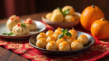 Chinese New Year. Delicious chinese pastries with fresh oranges on a festive table setting photo