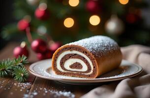 Festive yule log cake with powdered sugar and holiday background photo