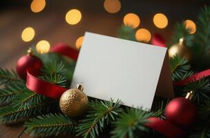 Christmas greeting card mockup with festive decorations and warm lights photo