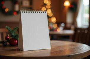 Blank menu or card on wooden table with christmas decor and glowing lights. Restaurant or cafe photo