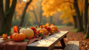 Autumn harvest picnic table with pumpkins and fall foliage in a sunlit park. Harvest festival and thanksgiving photo