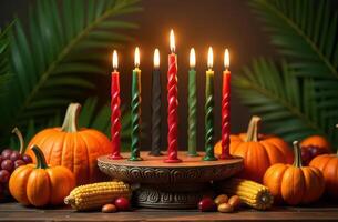 Kwanzaa celebration with lit kinara and harvest decorations for festive design photo