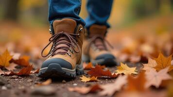 closeup Autumn hiking boots on leaf-covered path photo
