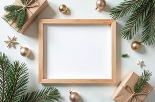Festive holiday frame with pine branches and golden ornaments for christmas design photo
