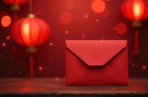 Festive red envelope with lanterns and bokeh effect for lunar new year celebration photo