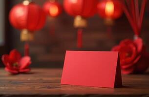 Festive red card displayed amidst lanterns and flowers for Chinese new year celebration photo