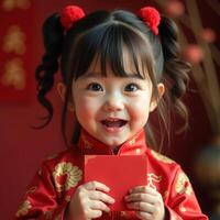 Chinese New Year. Joyful child in traditional outfit holding red envelope during celebration photo