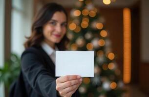 Businesswoman in a black suit holds a blank card in the foreground, christmas tree with warm bokeh lights. concept of banking, business, hotel photo