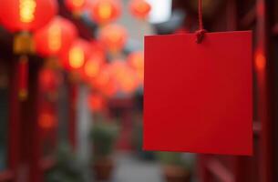 Red lanterns and blank sign in festive street. Chinese New Year photo