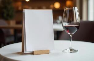 restaurant table, a blank menu holder and a glass of red wine. restaurant menu photo