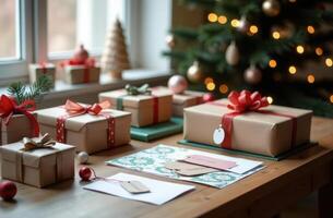 Festively wrapped christmas gifts with red and green ribbons sit on a wooden table. Happy New Year photo