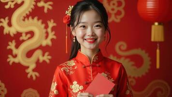 Celebratory asian new year portrait with traditional red and gold decorations. Chinese New Year photo