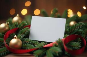 Blank white card surrounded by lush pine branches, gold baubles, and a bright red ribbon. Merry Christmas and Happy New Year photo