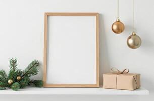 Minimalist christmas holiday display with empty frame for seasonal design. Happy New Year photo