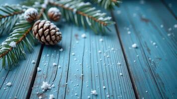 Christmas blue wooden background with snow fir tree. copy space. Merry Christmas and New Year photo