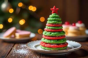 Christmas pastries. Festive Christmas tree made of red and green cookies with colorful festive bokeh and sweet treats photo