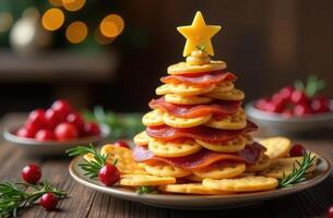 Festive cheese and sausage tree with rosemary and cranberries on plate. Christmas menu photo