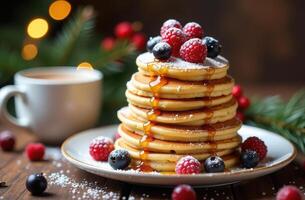 Delicious stack of pancakes with berries and syrup. Christmas breakfast feast with coffee photo