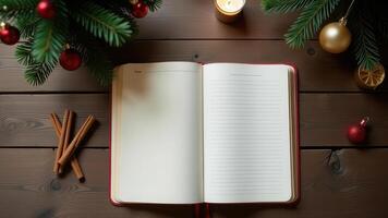 A cozy christmas scene featuring an open diary on a wooden table, surrounded by festive decorations. empty Cooking book photo