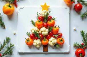 Festive vegetable christmas tree with tomatoes and cauliflower on cutting board photo