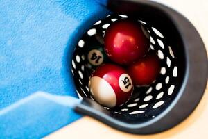 Close up of pool balls in hole photo
