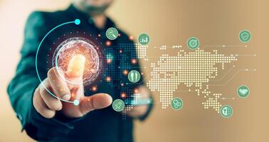 Businessman touching global structure networking and data exchanges connection. Financial and banking photo