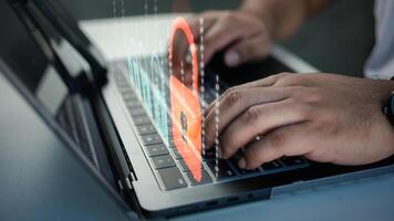 Men use computer identification to access data, and unlock digital padlock. Data protection privacy concept. Cyber security network photo