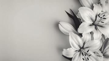 Black and white close-up of lily flowers over light grey background with copy space for text. Funeral invitation template for mourning design. photo